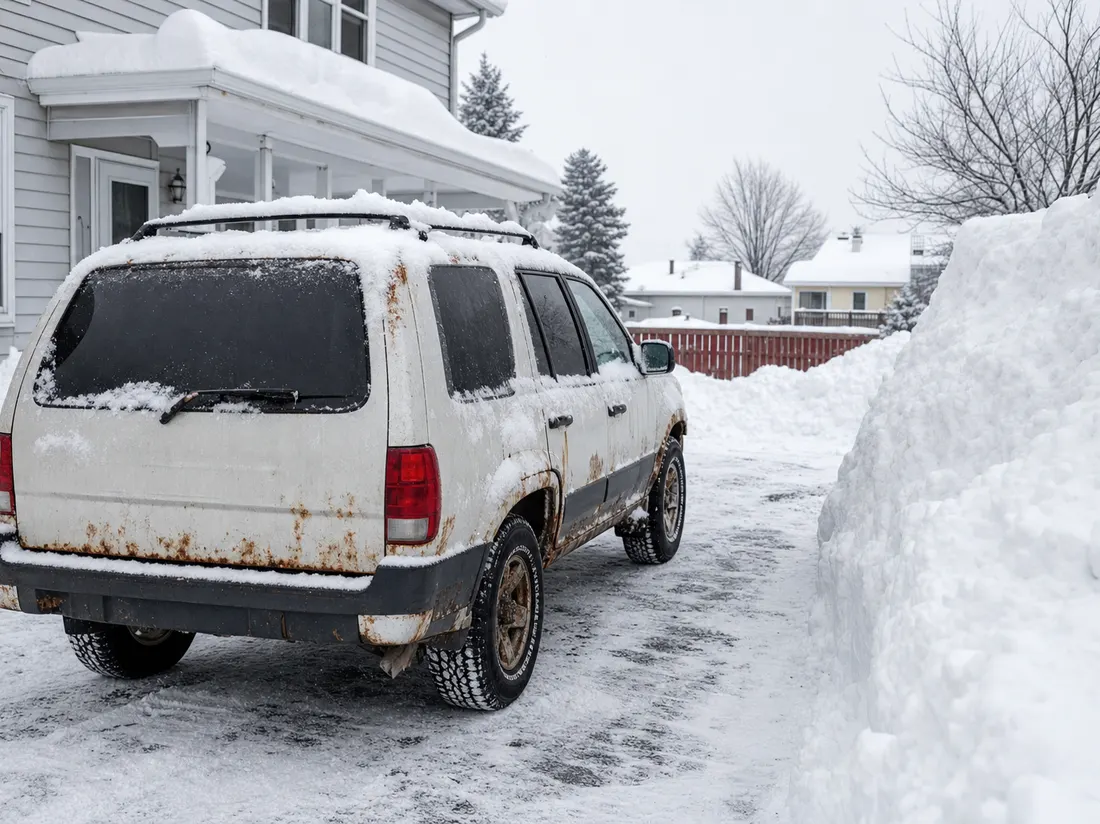 Snow-covered SUV in an Erie driveway with lake-effect snow banked high - selling a car in Erie
