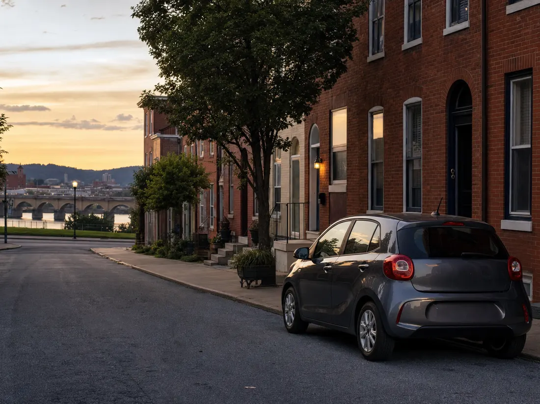 Compact car by a Harrisburg brick townhouse with a river bridge at the street's end - selling a car in Harrisburg