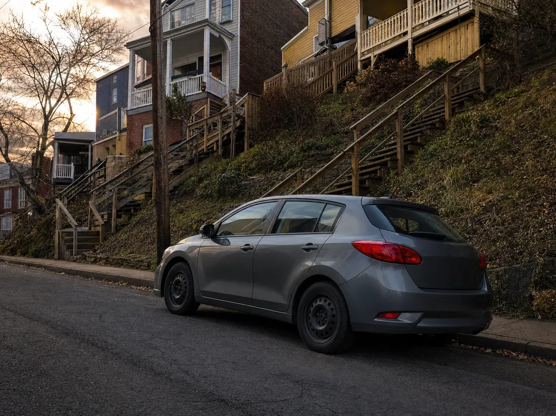 Gray hatchback on a steep Pittsburgh street with hillside homes and wooden staircases behind - selling a car in Pittsburgh