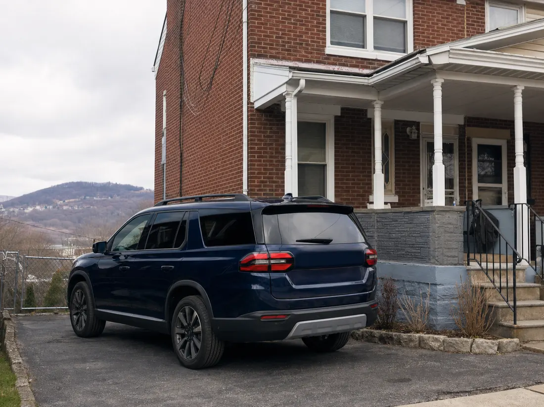 Dark blue SUV in the driveway of a brick Pennsylvania home with a covered porch and rolling hills behind - selling a car in Pennsylvania