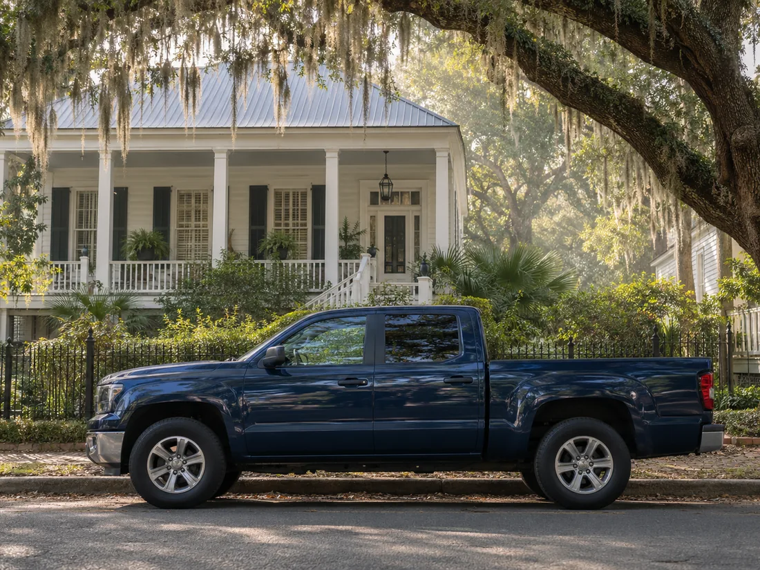 Dark blue pickup at the curb under moss-draped live oaks outside a raised white cottage - selling a car in Pensacola