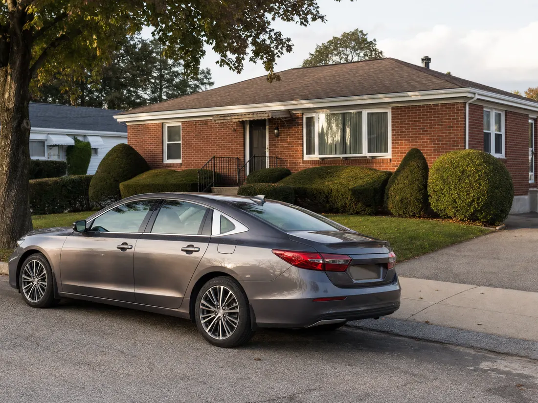 Sedan parked outside a modest brick ranch home on a tidy Cranston Rhode Island street with clipped hedges - selling a car in Cranston