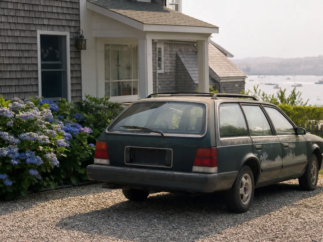 Weathered station wagon parked beside a shingled coastal cottage in Newport Rhode Island with hydrangeas and a glimpse of harbor water - selling a car in Newport
