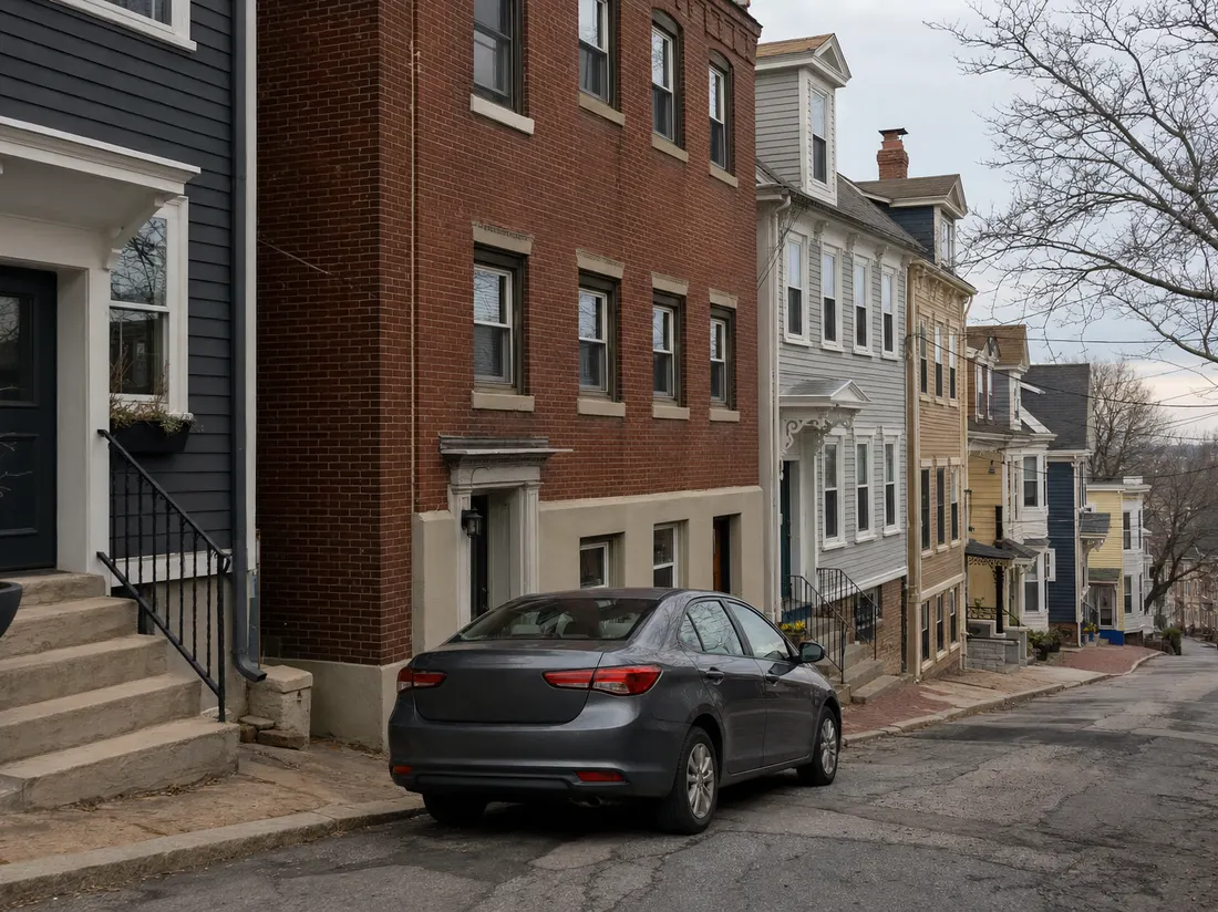 Compact sedan parked on a narrow hillside street of triple-decker houses in Providence Rhode Island, brick and clapboard facades - selling a car in Providence