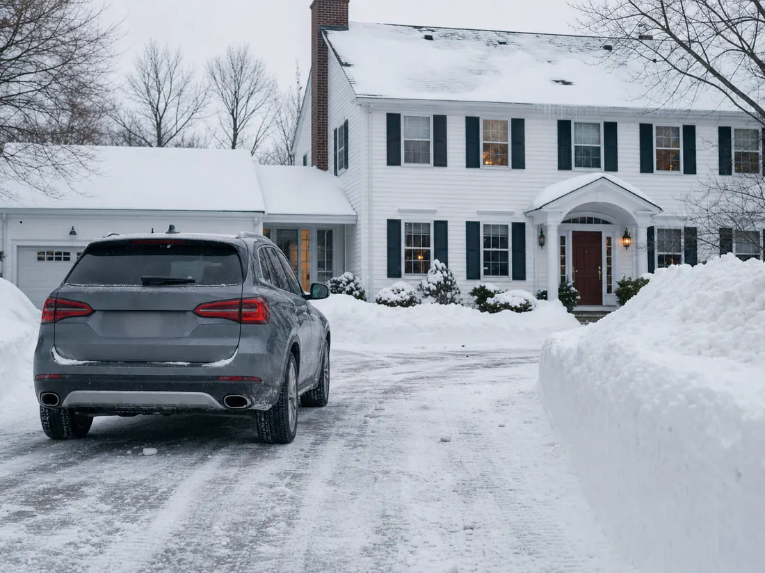 Salt-dusted crossover between snowbanks at a Rochester home - selling a car in Rochester