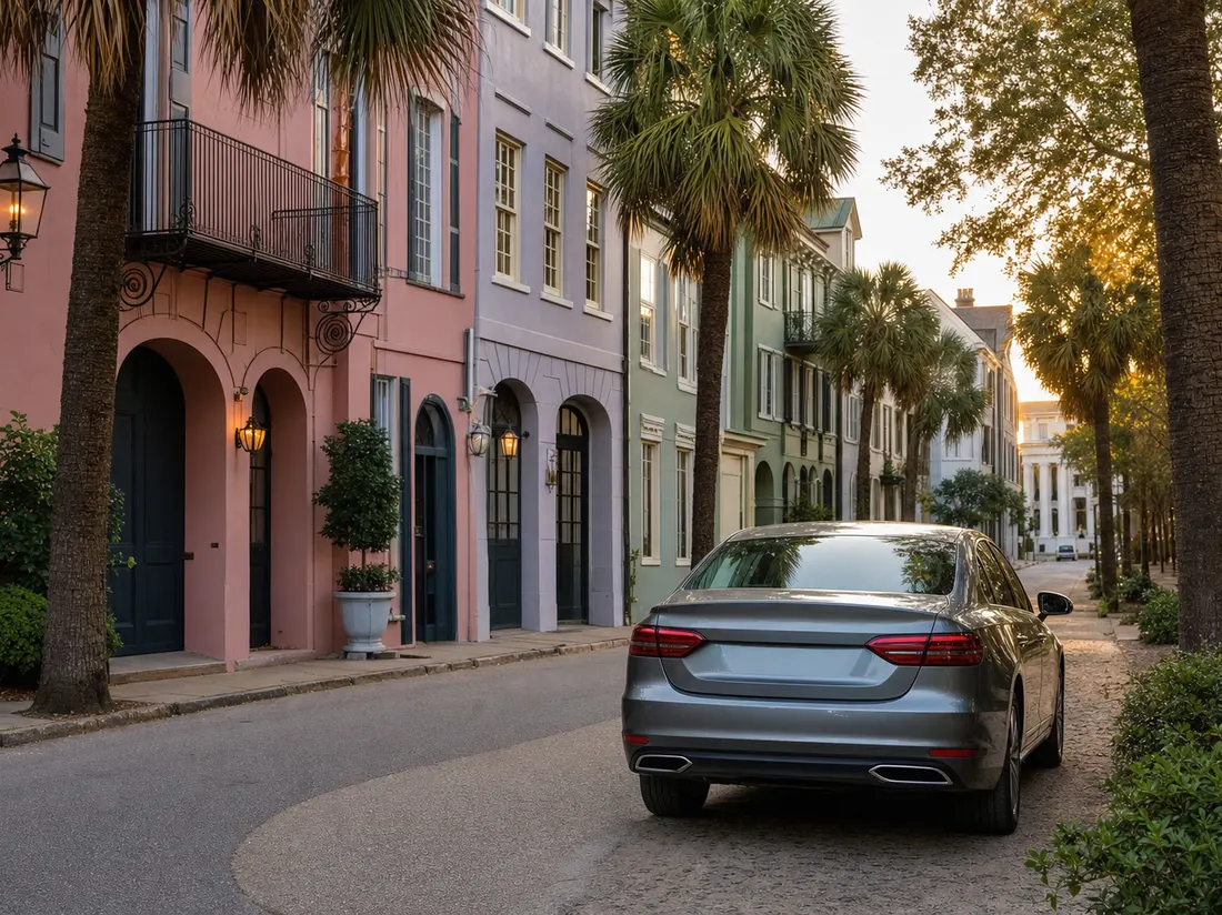 Sedan parked on a historic Charleston street of pastel row houses and palmettos - selling a car in Charleston