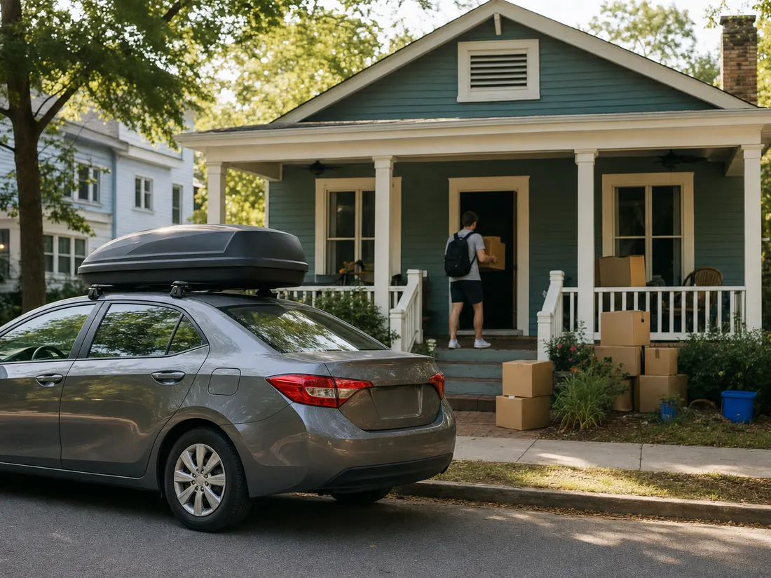 Compact sedan with a rooftop cargo box outside a student bungalow in a leafy Columbia neighborhood - selling a car in Columbia