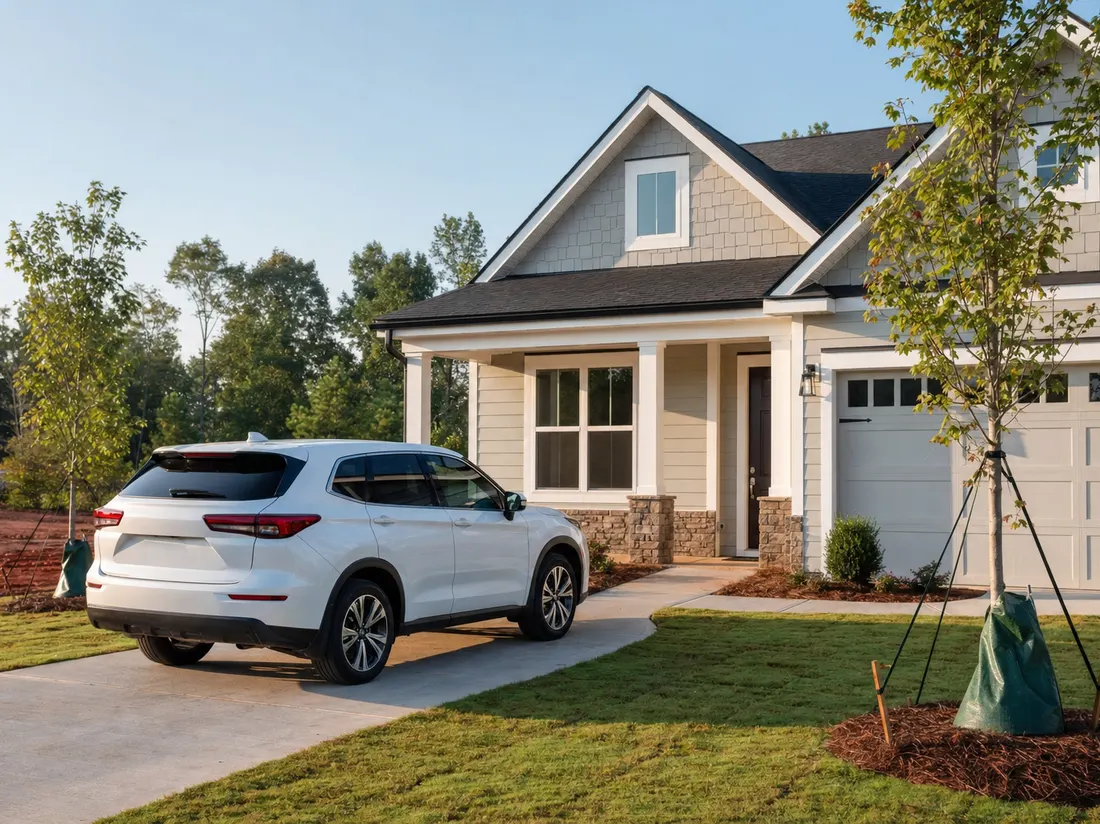White crossover in the driveway of a new craftsman home in a growing Greenville subdivision - selling a car in Greenville