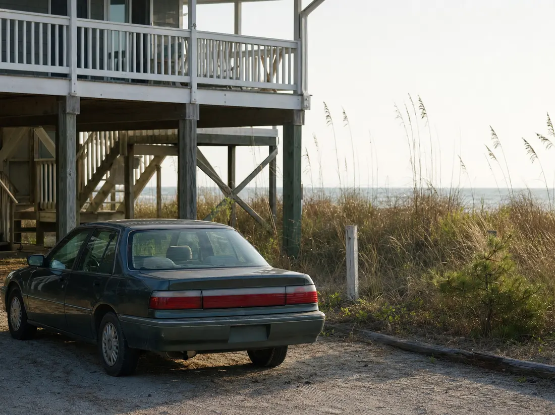 Older sedan parked beside a raised beach house with sea oats near Myrtle Beach - selling a car in Myrtle Beach