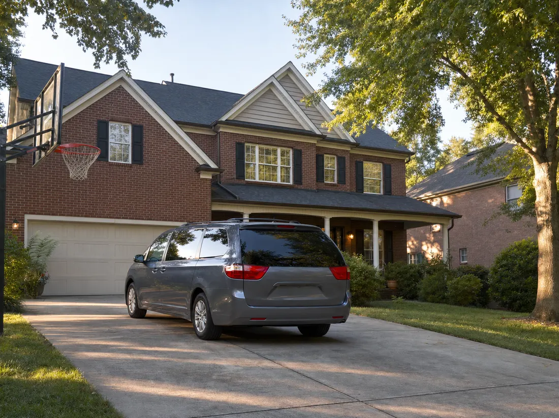 Minivan in the driveway of a two-story brick suburban Rock Hill home with mature oaks - selling a car in Rock Hill