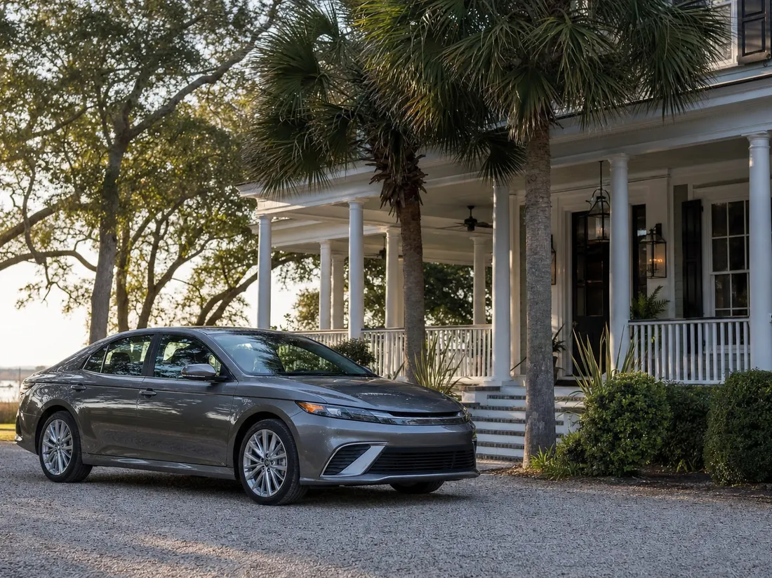 Sedan in the driveway of a brick South Carolina home with palmettos and warm evening light - selling a car in South Carolina
