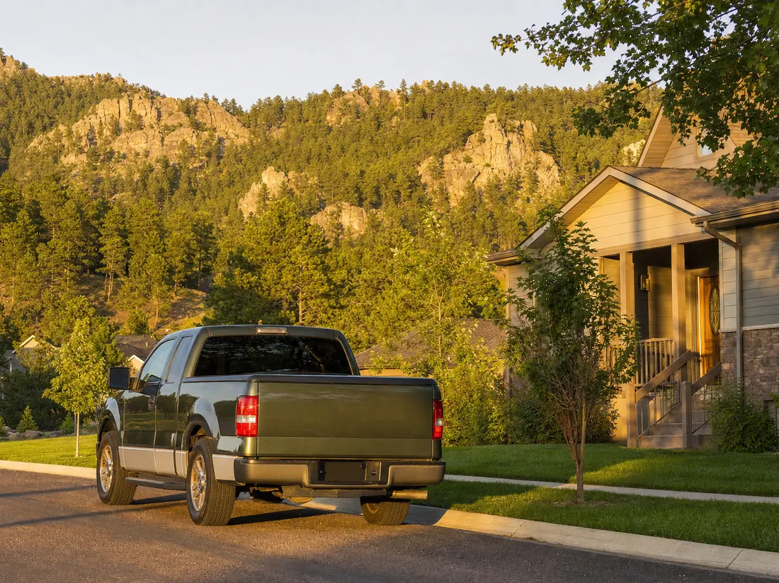 Pickup beside a Rapid City South Dakota home with ponderosa-covered Black Hills rising behind the street - selling a car in Rapid City