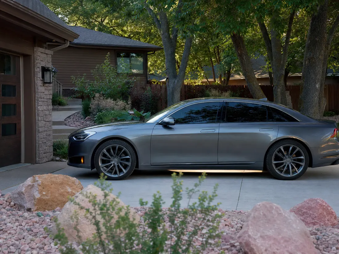 Sedan in the driveway of a Sioux Falls South Dakota home with pink quartzite landscaping stones and mature ash trees - selling a car in Sioux Falls