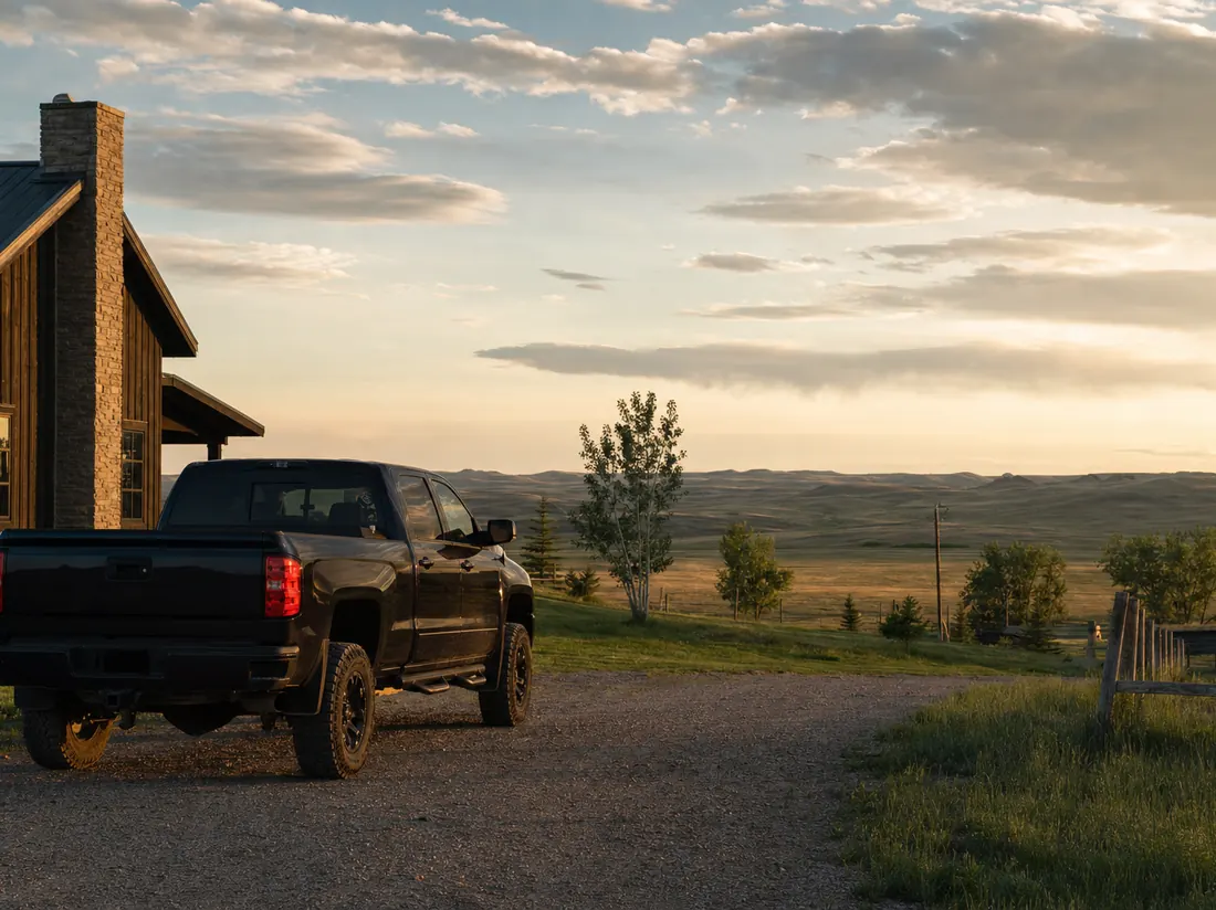 Pickup by a South Dakota ranch home with grassland hills and a huge sky - selling a car in South Dakota