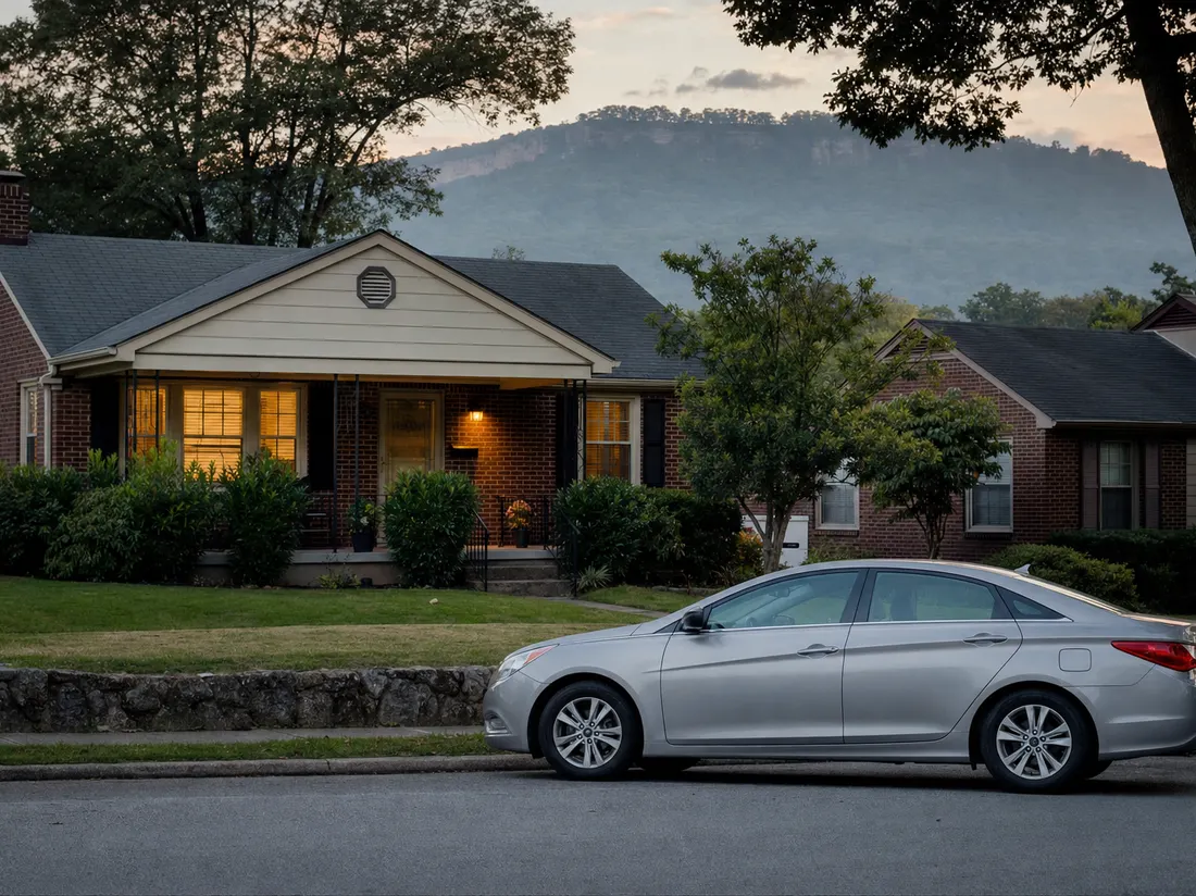 Sedan outside a brick bungalow in Chattanooga Tennessee with Lookout Mountain hazy above the rooftops - selling a car in Chattanooga