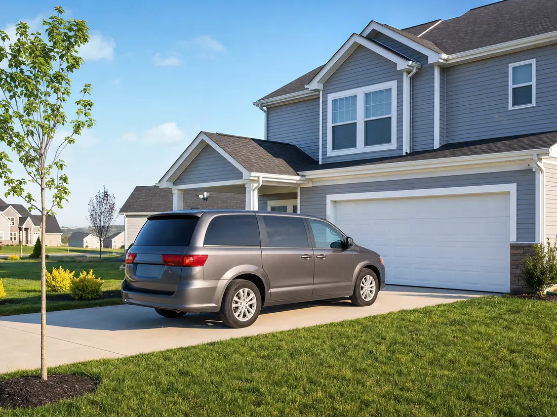 Minivan in the driveway of a new vinyl-sided subdivision home in Clarksville Tennessee with young trees and open sky - selling a car in Clarksville