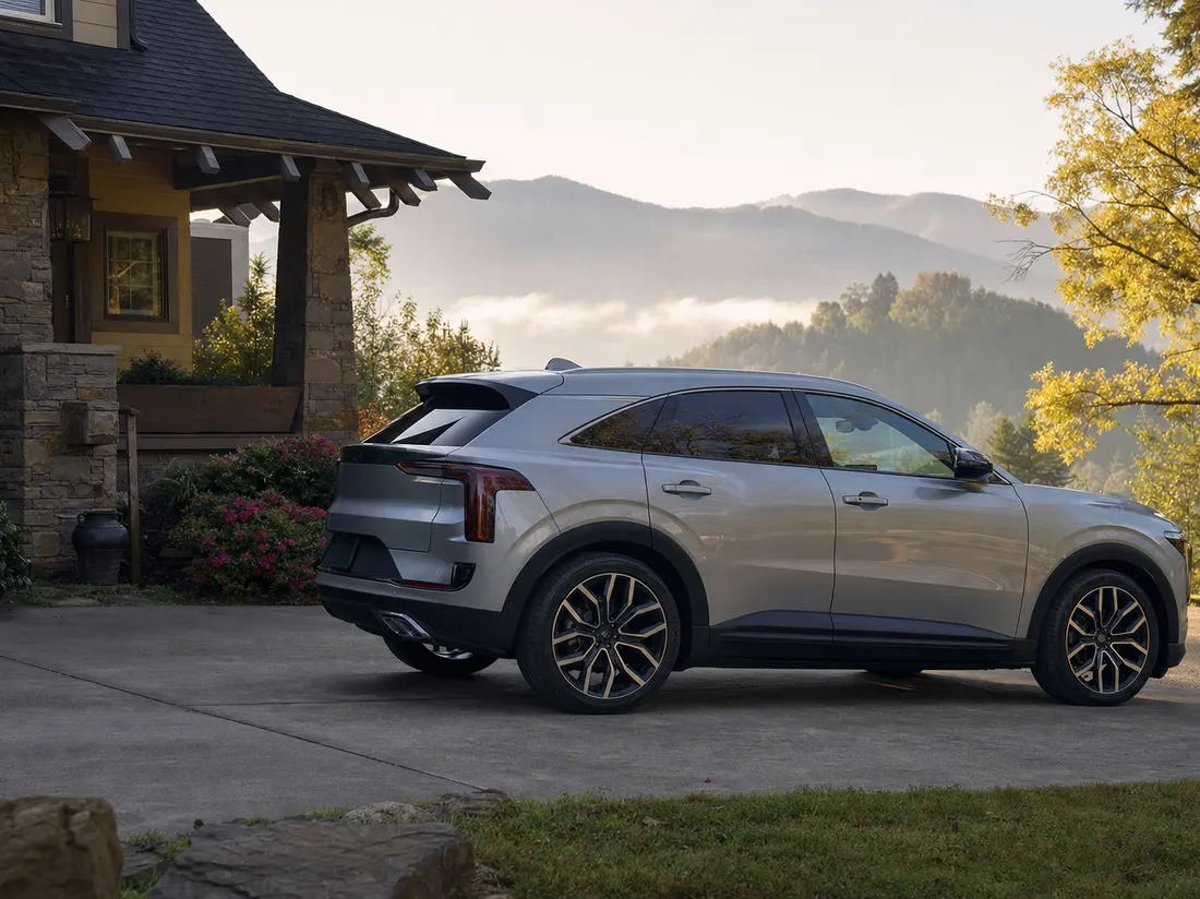 Crossover in the driveway of a craftsman home in Knoxville Tennessee with wooded ridgelines layered behind - selling a car in Knoxville