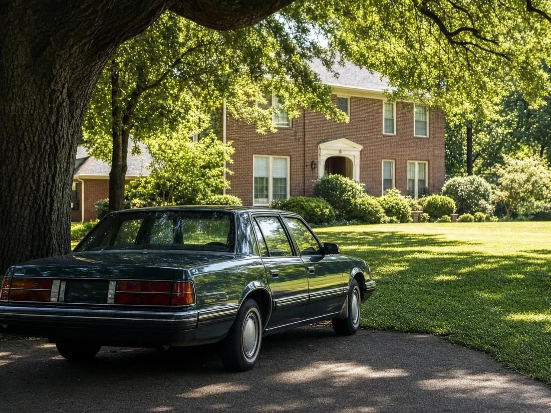 Older sedan under a big oak at a Memphis home with a wide lawn - selling a car in Memphis
