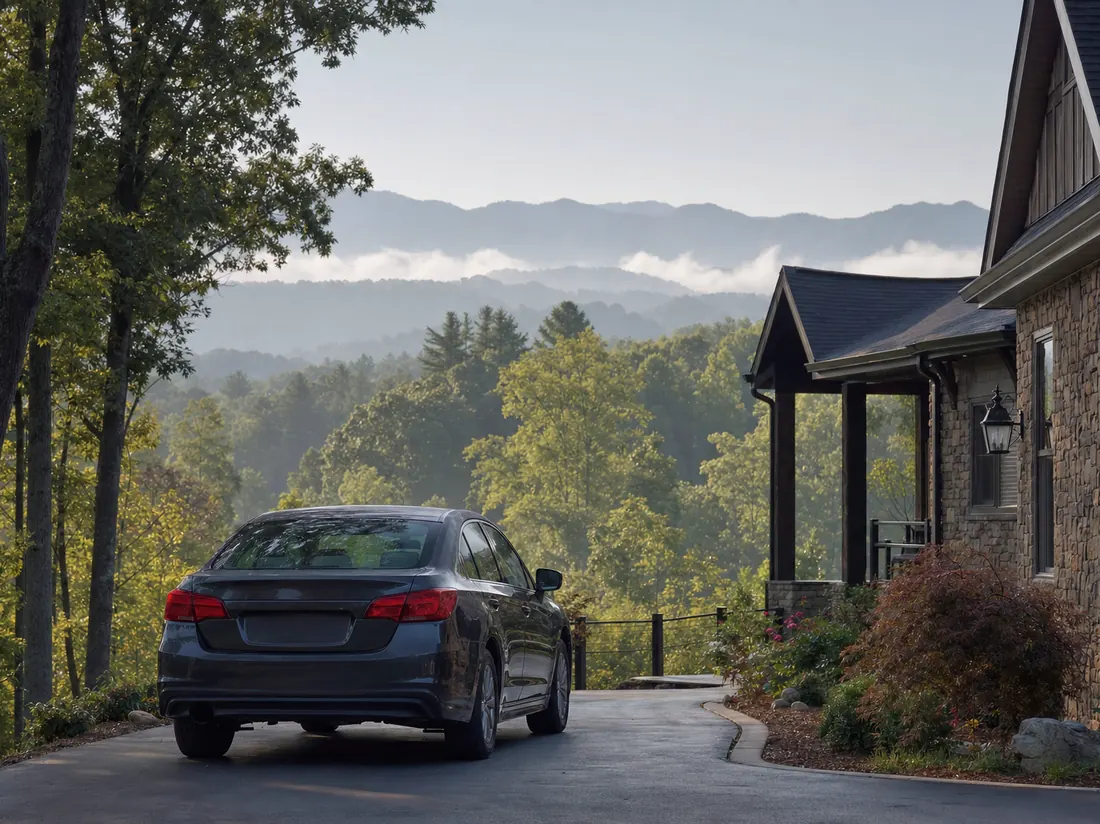 Sedan in the driveway of a Tennessee home with smoky blue ridgeline behind and hardwood trees - selling a car in Tennessee