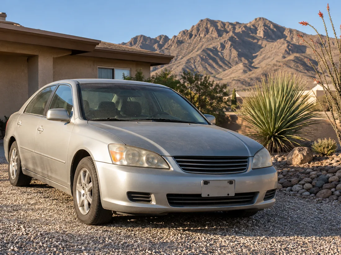 Dusty silver sedan on a gravel driveway beside a tan stucco house, with yucca, river rock and rocky desert mountains behind it - selling a car in El Paso