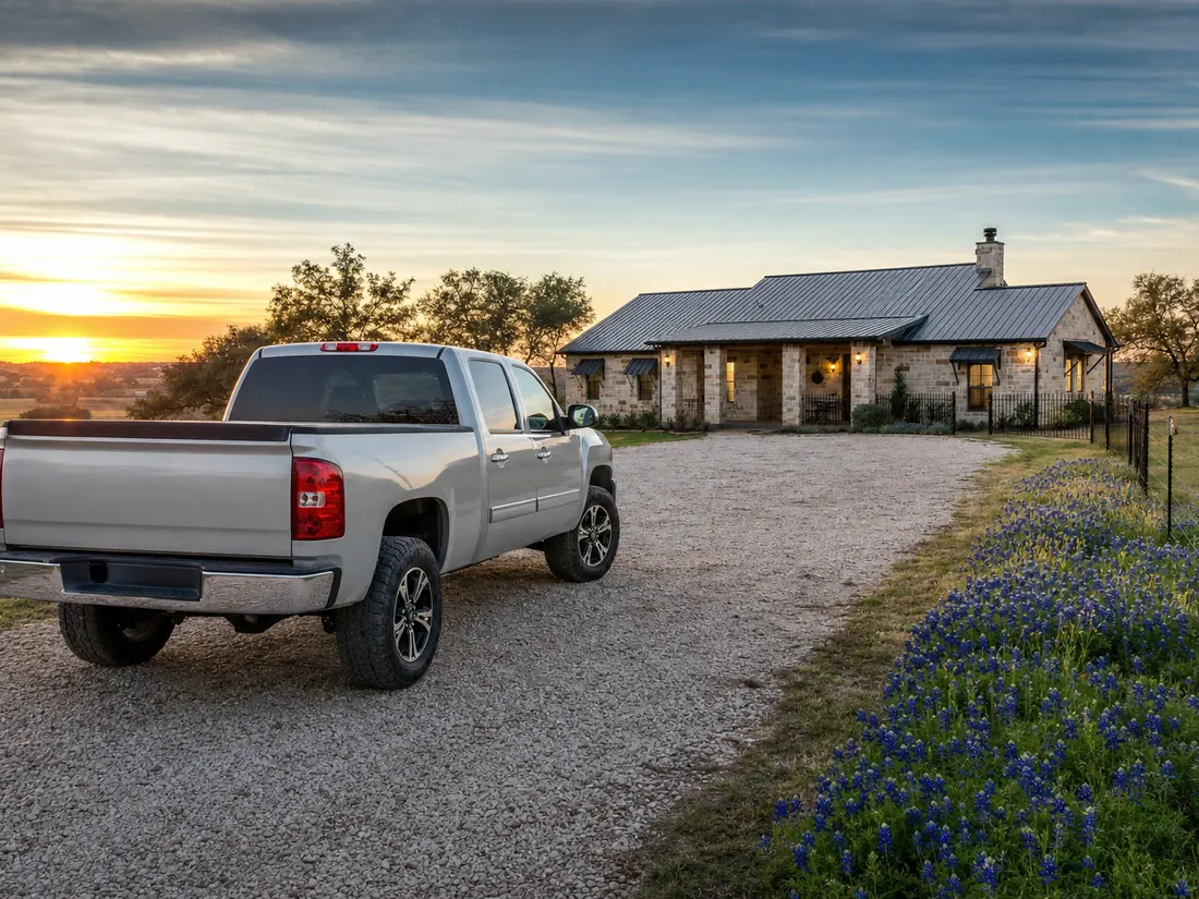 Pickup truck in a Texas ranch driveway at golden hour - selling a truck in Texas