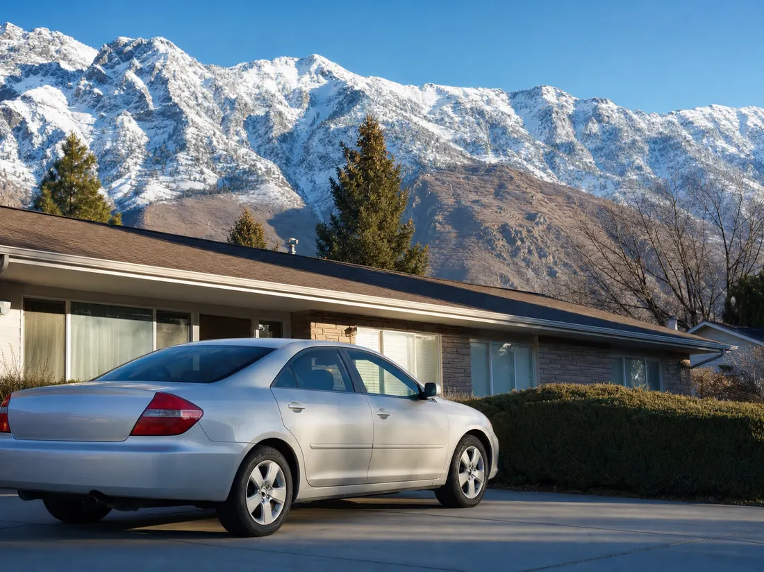 Sedan in the driveway of a ranch home in Provo Utah with the steep Wasatch Front towering directly behind the neighborhood - selling a car in Provo