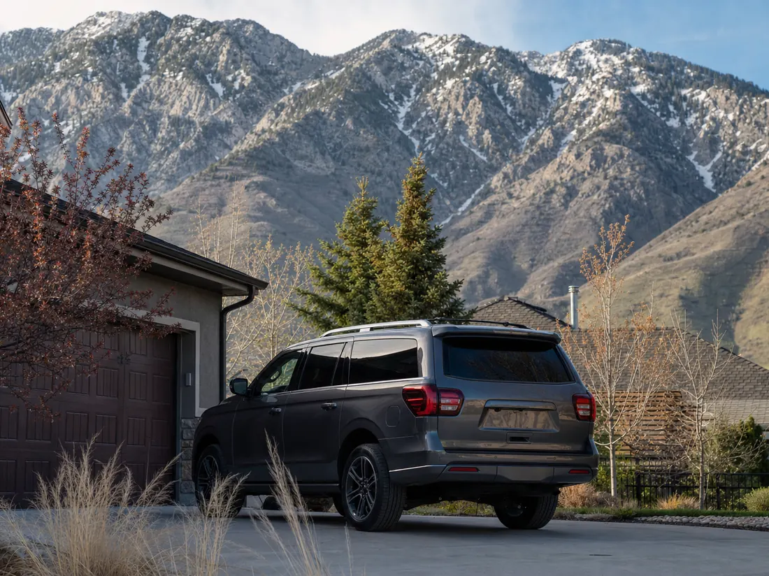 SUV in a Salt Lake City driveway with the Wasatch mountains looming close - selling a car in Salt Lake City