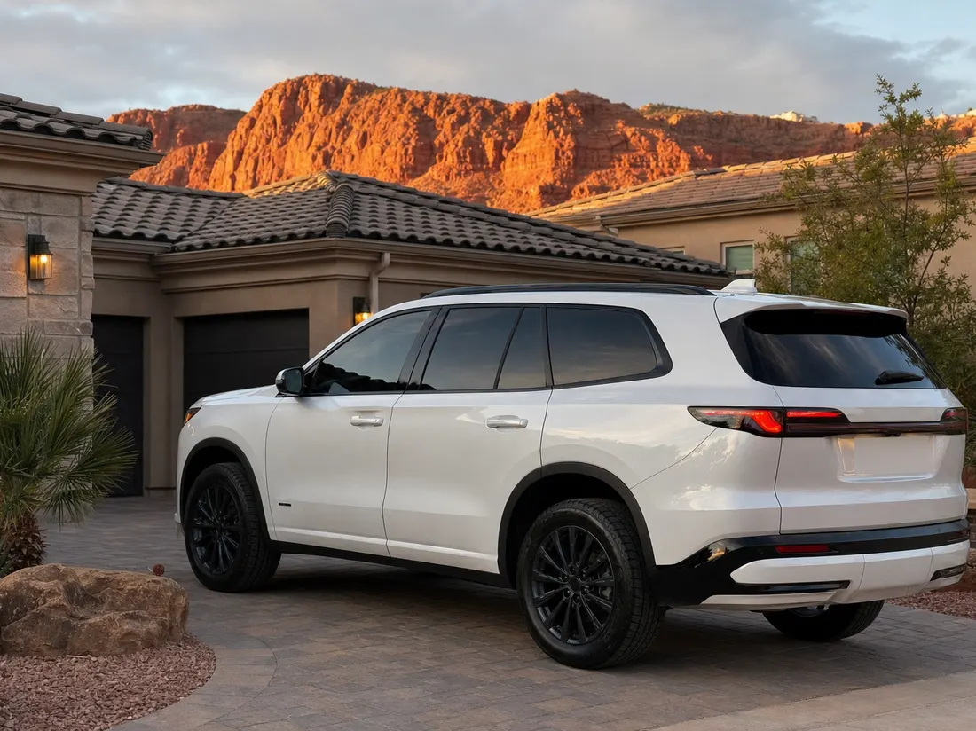Clean SUV in the driveway of a stucco home in St. George Utah with red sandstone cliffs glowing behind the roofline - selling a car in St George