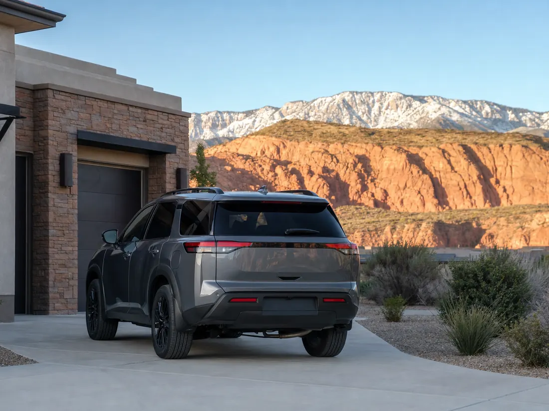 SUV in the driveway of a Utah home with dramatic red-orange rock formations and mountains behind - selling a car in Utah