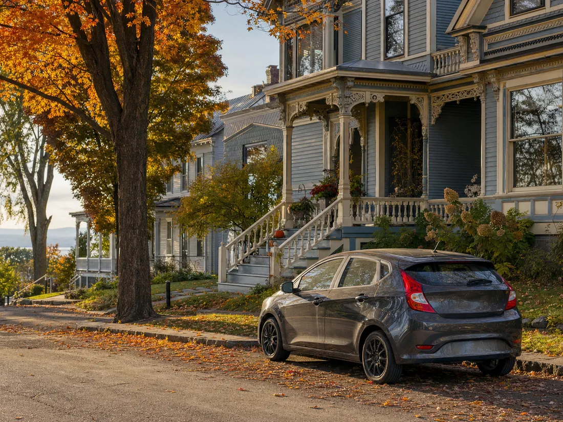 Hatchback beside a Victorian home in Burlington Vermont with lake-softened light and fall maples - selling a car in Burlington
