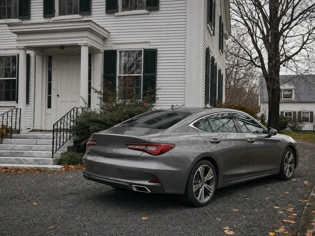 Sedan in the driveway of an older colonial in Rutland Vermont with a marble front step and bare November trees - selling a car in Rutland