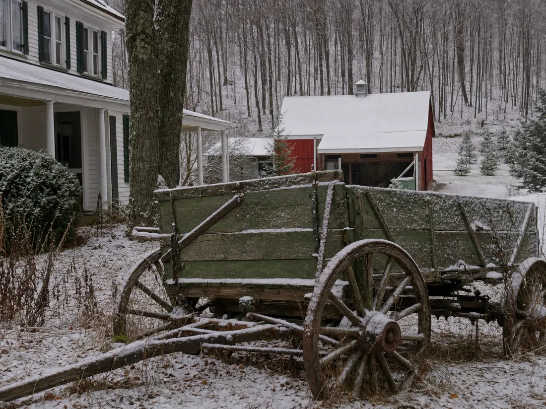 Salt-weathered wagon by a Vermont farmhouse with a red barn and maple sugarbush hillside, early snow dusting - selling a car in Vermont