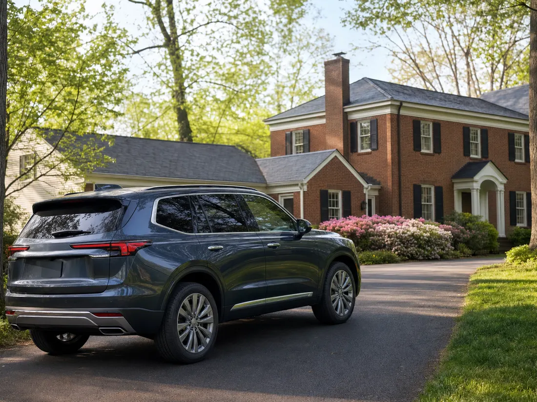 Clean SUV in the driveway of a brick colonial in Fairfax Virginia with azaleas and tall oaks - selling a car in Fairfax