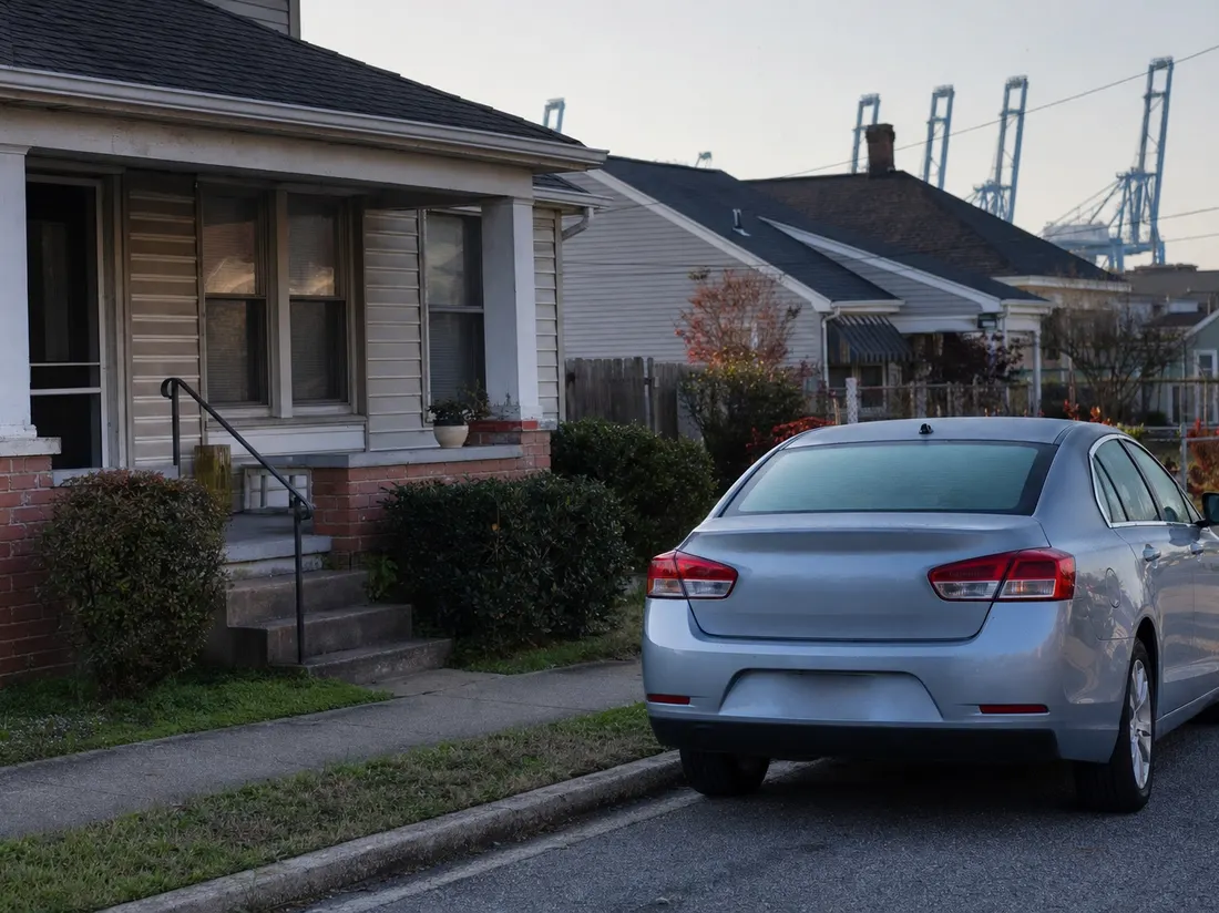 Sedan parked by a bungalow in Norfolk Virginia with port cranes faint above the rooftops down the street - selling a car in Norfolk