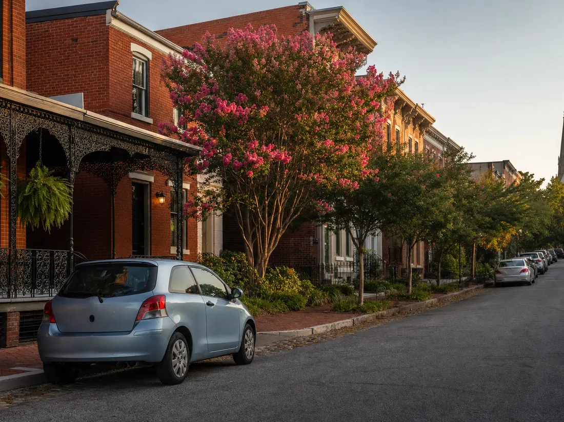 Compact car on a street of brick rowhouses in Richmond Virginia with iron porches and crape myrtles - selling a car in Richmond