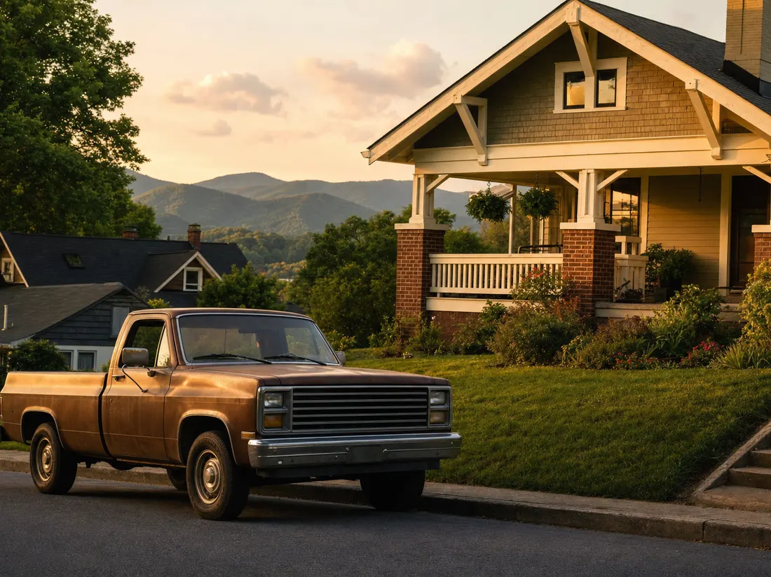 Older pickup beside a craftsman home in Roanoke Virginia with the Blue Ridge rolling behind the neighborhood - selling a car in Roanoke