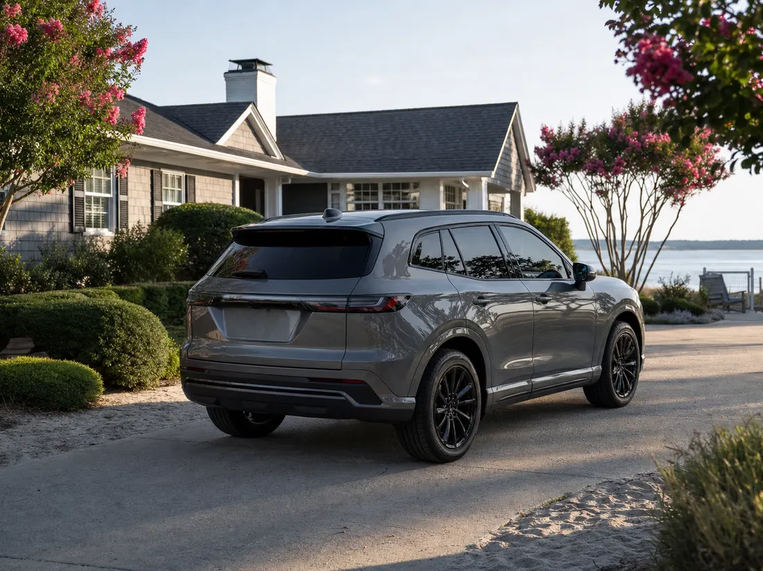 Crossover in the driveway of a coastal ranch home in Virginia Beach Virginia with crepe myrtles and sandy soil edges - selling a car in Virginia Beach