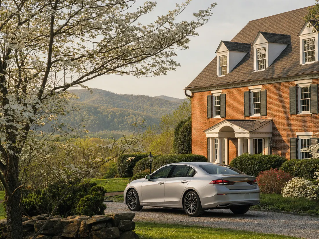 Sedan at a Virginia brick colonial with dogwoods and blue ridge foothills in the distance - selling a car in Virginia