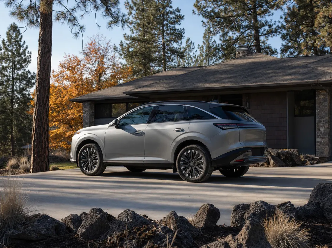 Crossover in the driveway of a bungalow in Spokane Washington with ponderosa pines and basalt rock in the yard - selling a car in Spokane