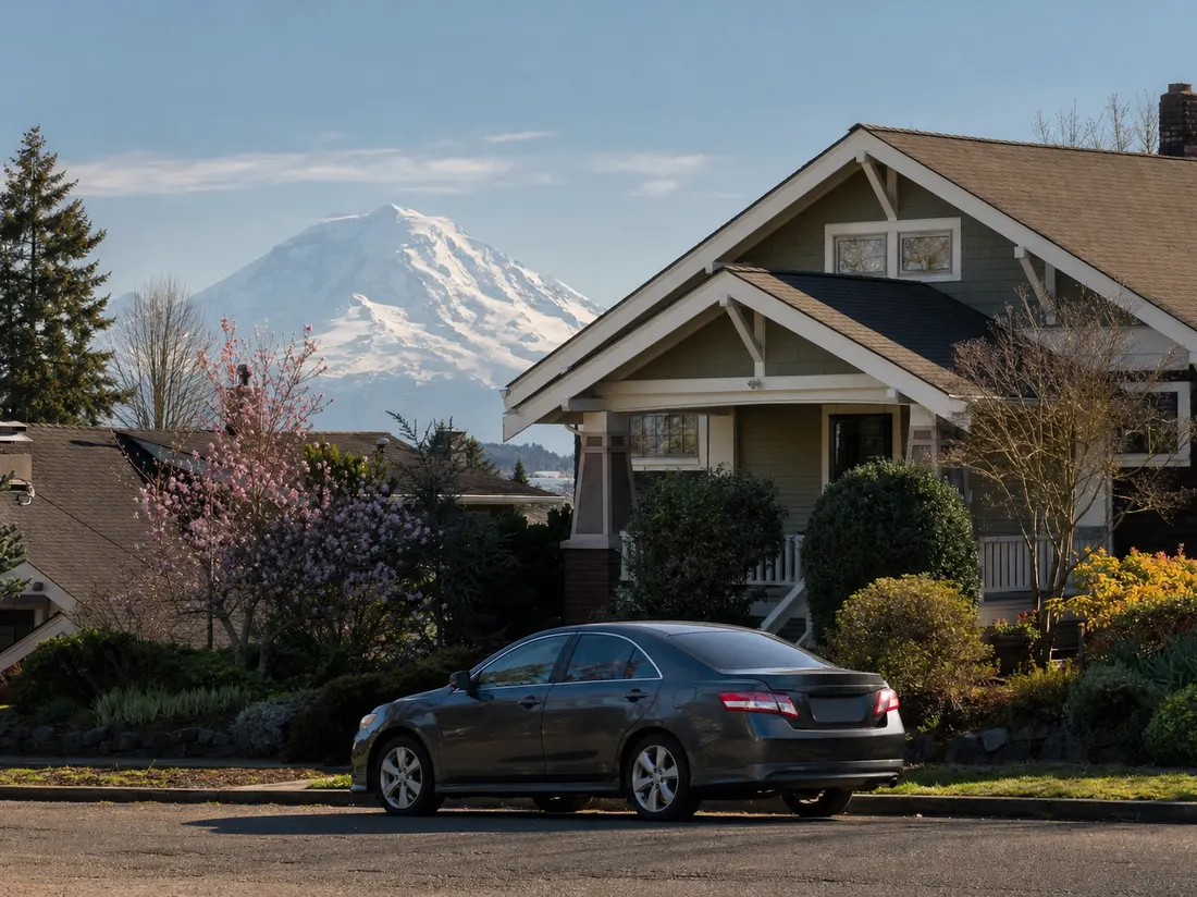 Sedan outside a craftsman home in Tacoma Washington with Mount Rainier faint and enormous beyond the rooftops - selling a car in Tacoma