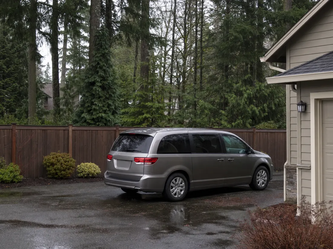 Minivan in the driveway of a suburban home in Vancouver Washington with tall Douglas firs behind the fence - selling a car in Vancouver