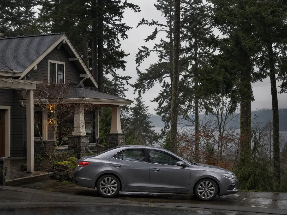 Sedan parked by a Washington craftsman home with towering evergreens and drizzle mist - selling a car in Washington