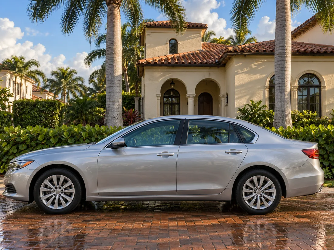 Silver sedan on a rain-wet brick driveway outside a tile-roofed stucco house with royal palms - selling a car in West Palm Beach