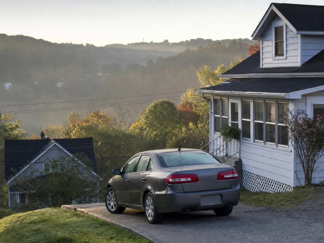 Sedan parked on a sloped driveway of a frame house on a Charleston West Virginia hillside with wooded hollows behind - selling a car in Charleston
