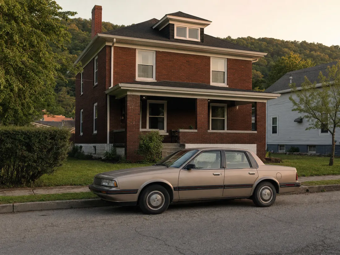 Older sedan beside a brick foursquare home in Huntington West Virginia in the flat river valley with hills beyond - selling a car in Huntington