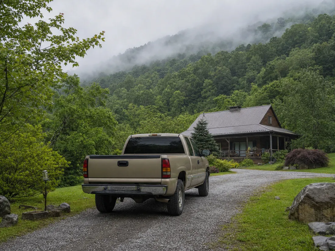 Pickup on a gravel drive at a West Virginia home tucked in a steep green hollow - selling a car in West Virginia