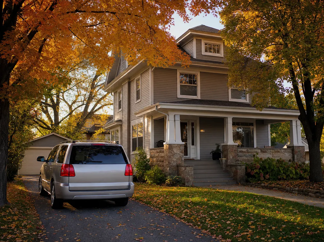 Minivan in the driveway of a foursquare home in Appleton Wisconsin with maples in full fall color - selling a car in Appleton