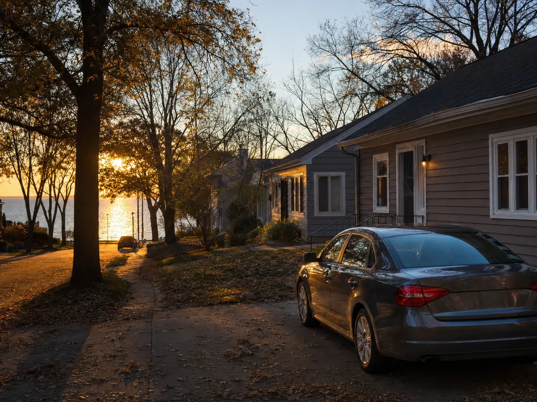 Sedan in the driveway of a bungalow in Madison Wisconsin with lake light glowing at the end of the street - selling a car in Madison