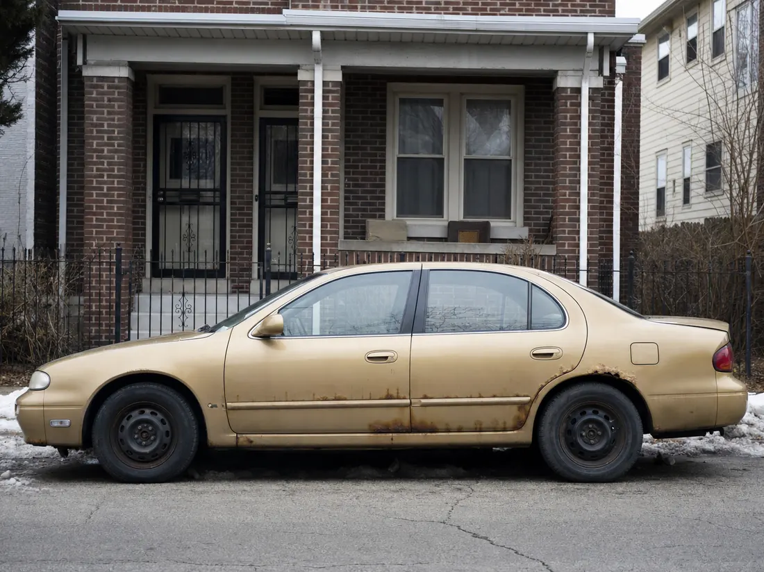 Rust-flecked sedan outside a Milwaukee brick duplex, late-winter slush at the curb - selling a car in Milwaukee