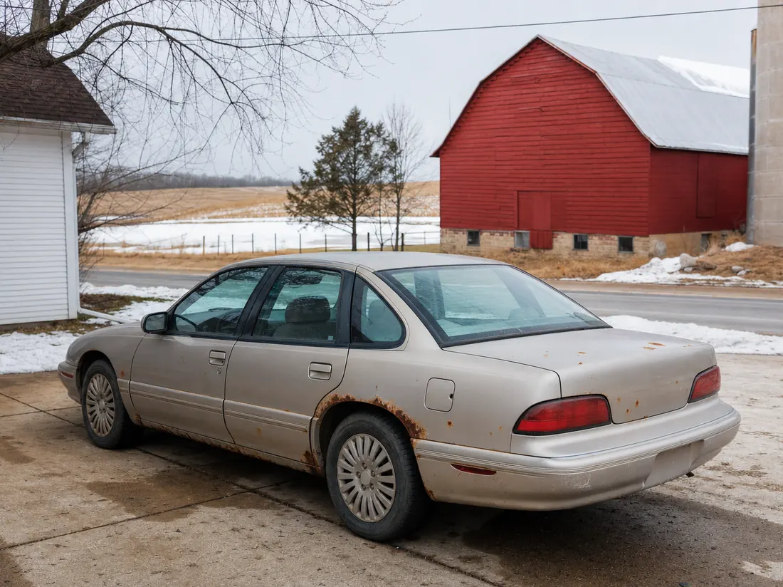 Rust-edged sedan in a Wisconsin driveway with a red barn across the road and snow patches - selling a car in Wisconsin
